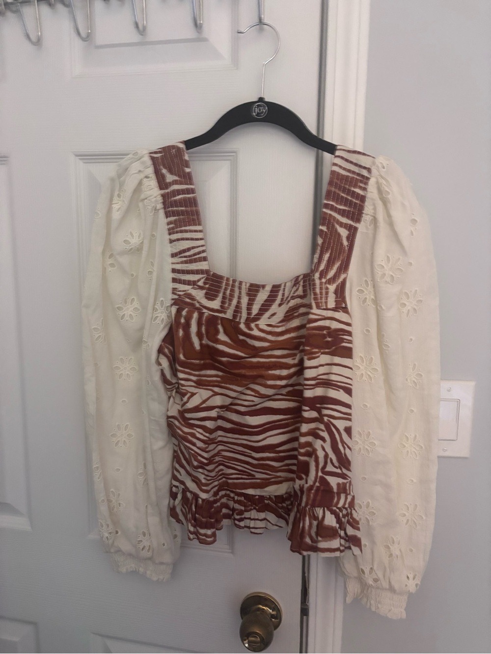 Anthropologie Cream Eyelet Sleeve Top with Brown Zebra Bodice